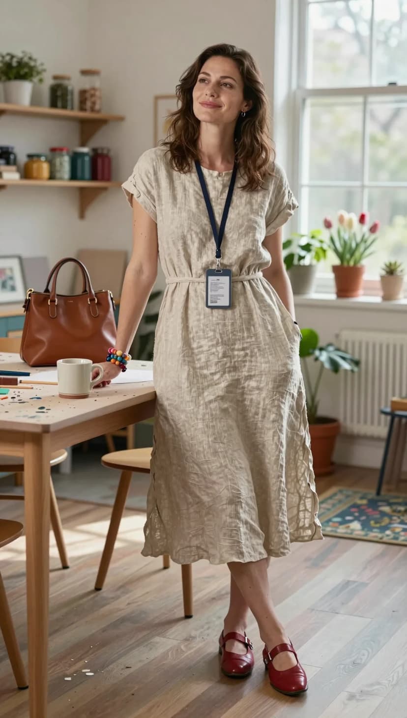 Beige Linen Dress + Red Mary Jane Flats + Brown Leather Satchel