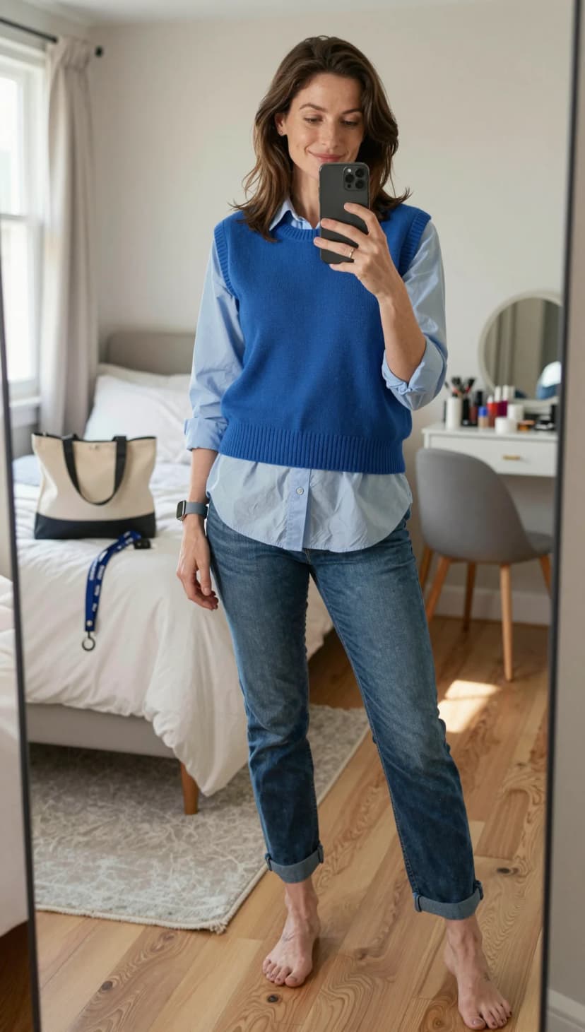 Light Blue Oxford Shirt + Royal Blue Knit Vest + Medium Wash Relaxed Fit Jeans