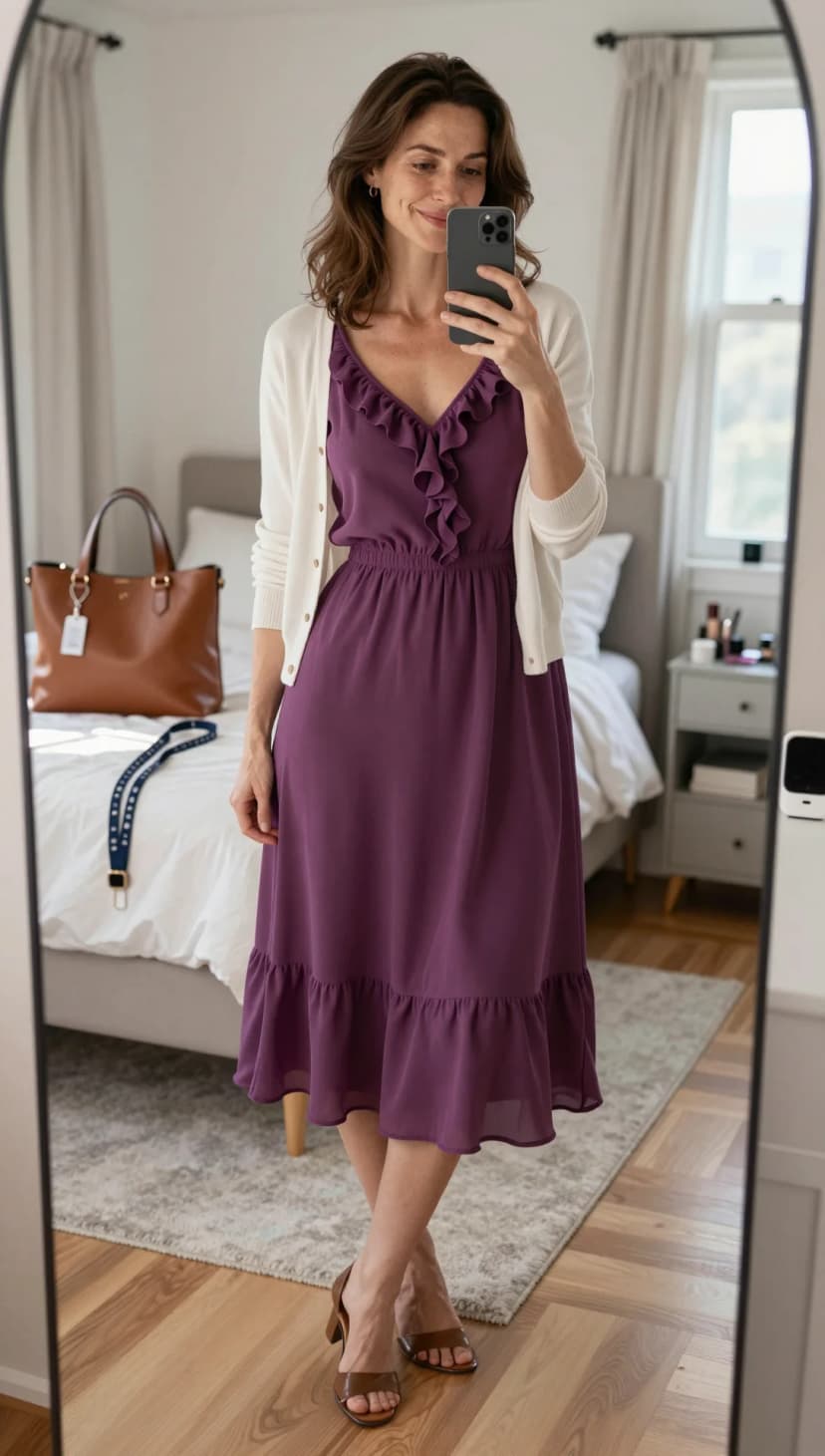Purple Ruffle Midi Dress + Cream Cardigan + Brown Block Heel Sandals