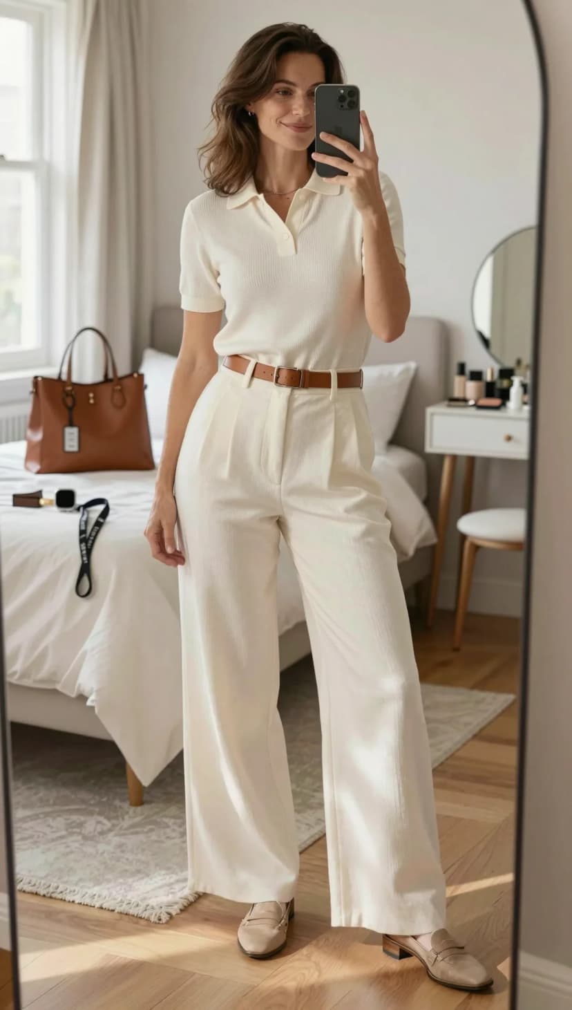 Cream Ribbed Knit Polo + Cream Wide-Leg Trousers + Brown Leather Belt + Taupe Loafers