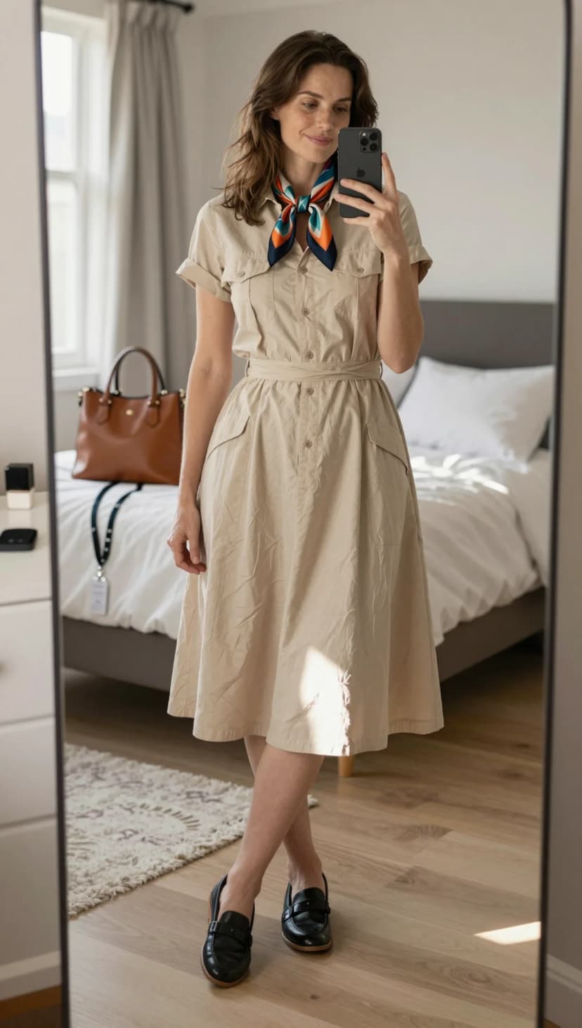 Beige Cotton Shirt Dress + Multicolored Silk Scarf + Black Leather Loafers + Brown Leather Tote Bag