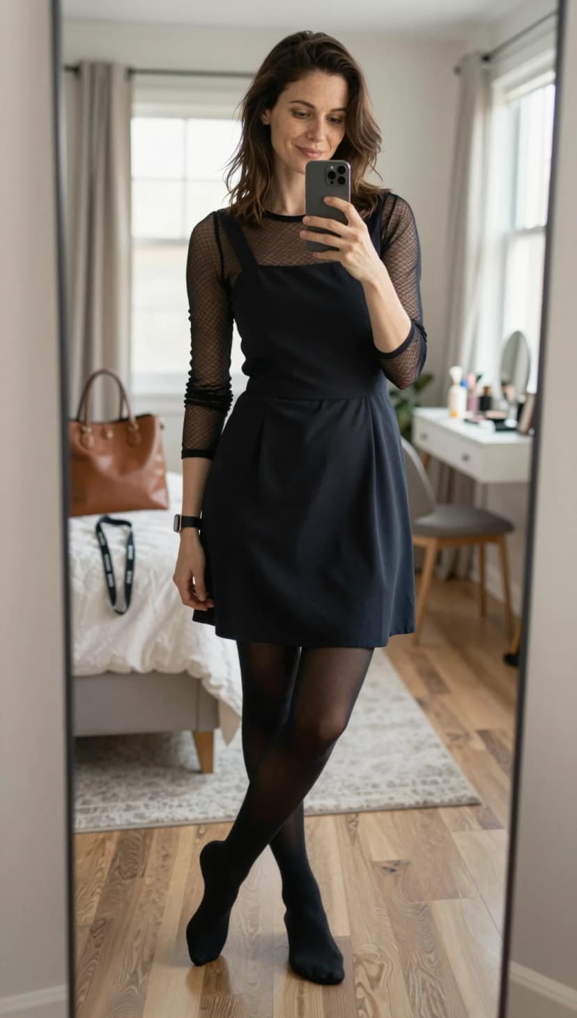 Black Mesh Long Sleeve Top + Black Pinafore Mini Dress + Black Tights