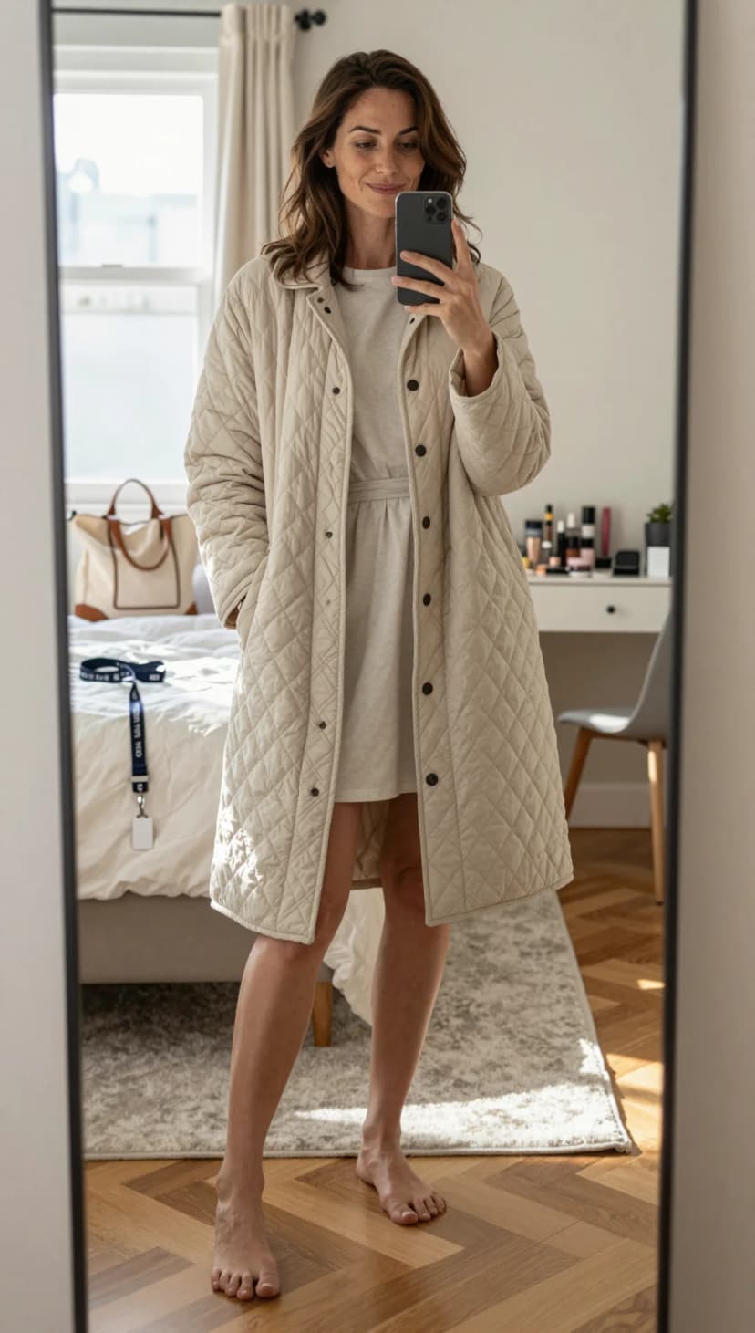 Cream Quilted Longline Jacket + Cream T-Shirt Dress