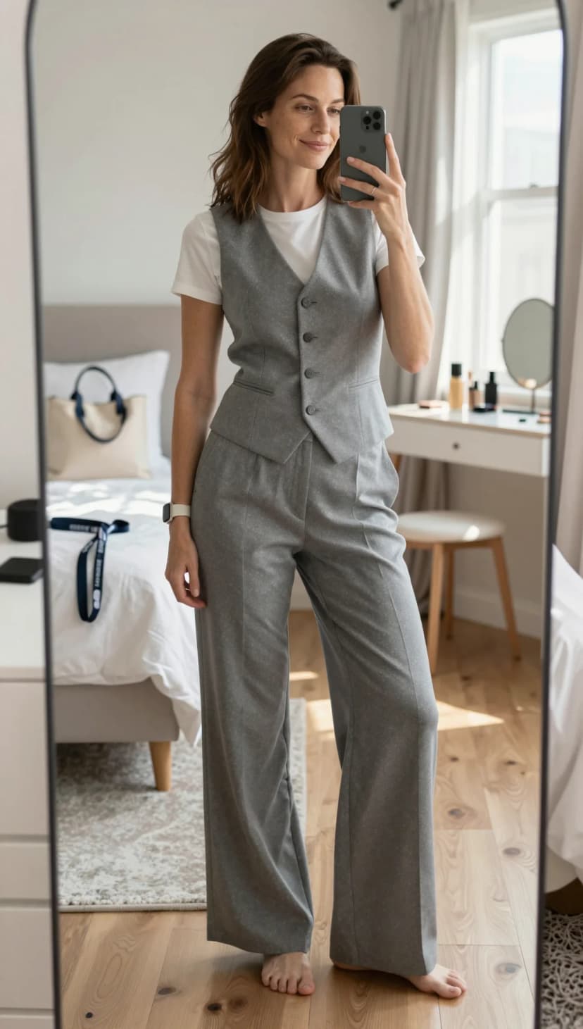 Grey Polka Dot Vest + White T-Shirt + Grey Polka Dot Wide-Leg Trousers