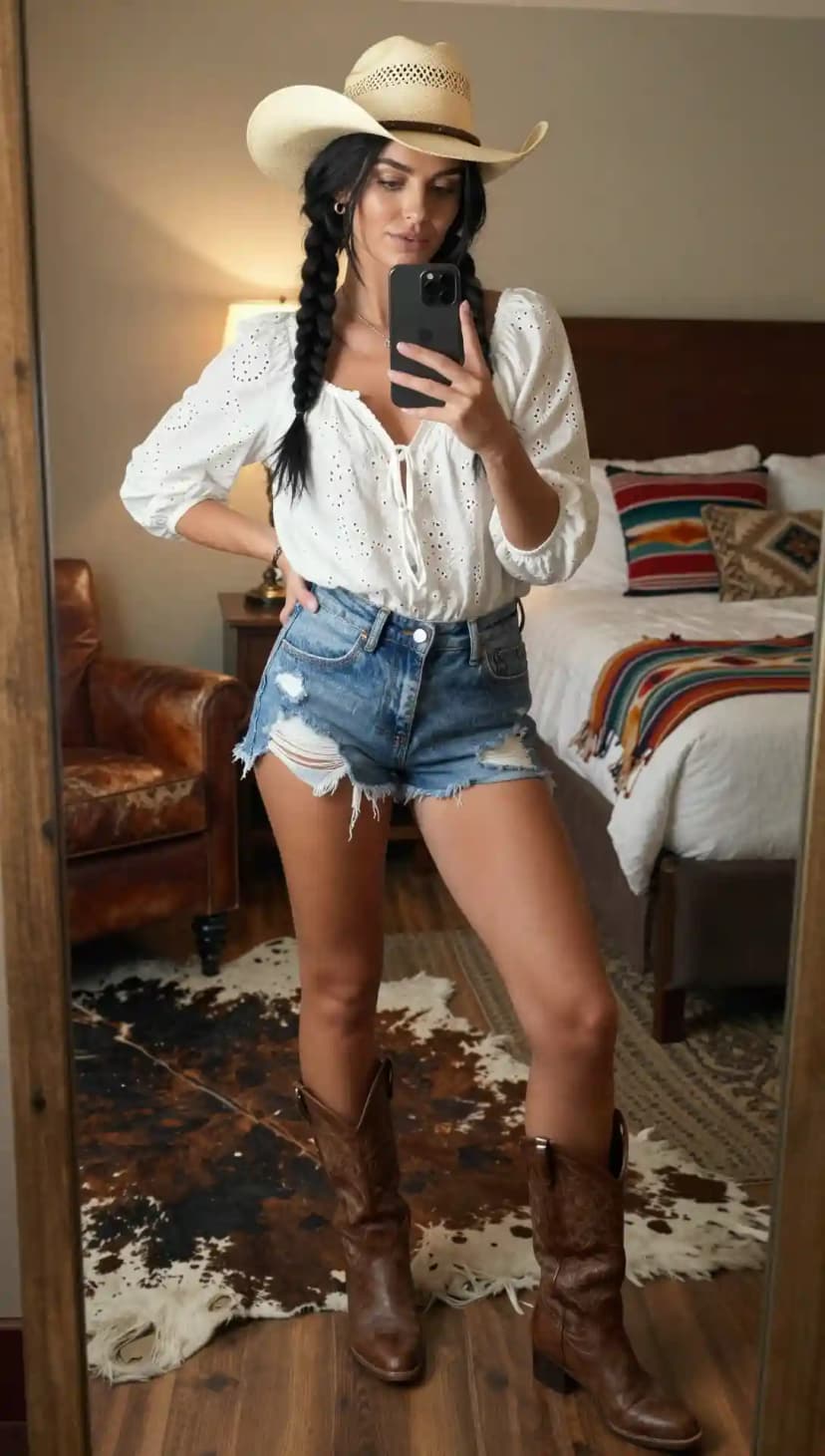 White Eyelet Cotton Blouse + Blue Denim Cutoff Shorts + Brown Leather Cowboy Boots