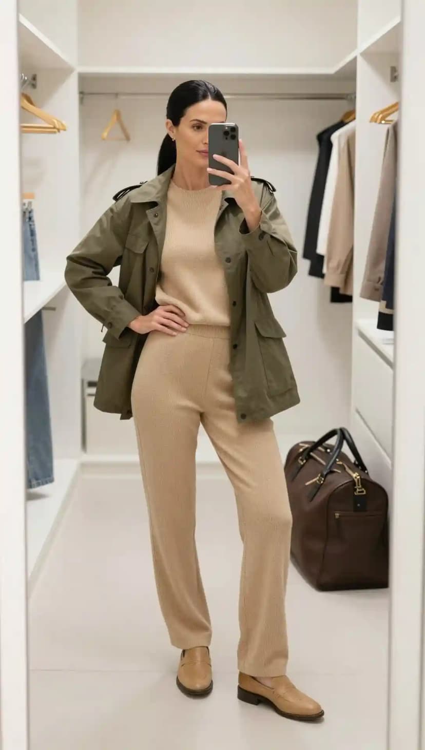 Olive Cotton Field Jacket + Beige Knit Sweater + Beige Knit Trousers + Tan Leather Loafers