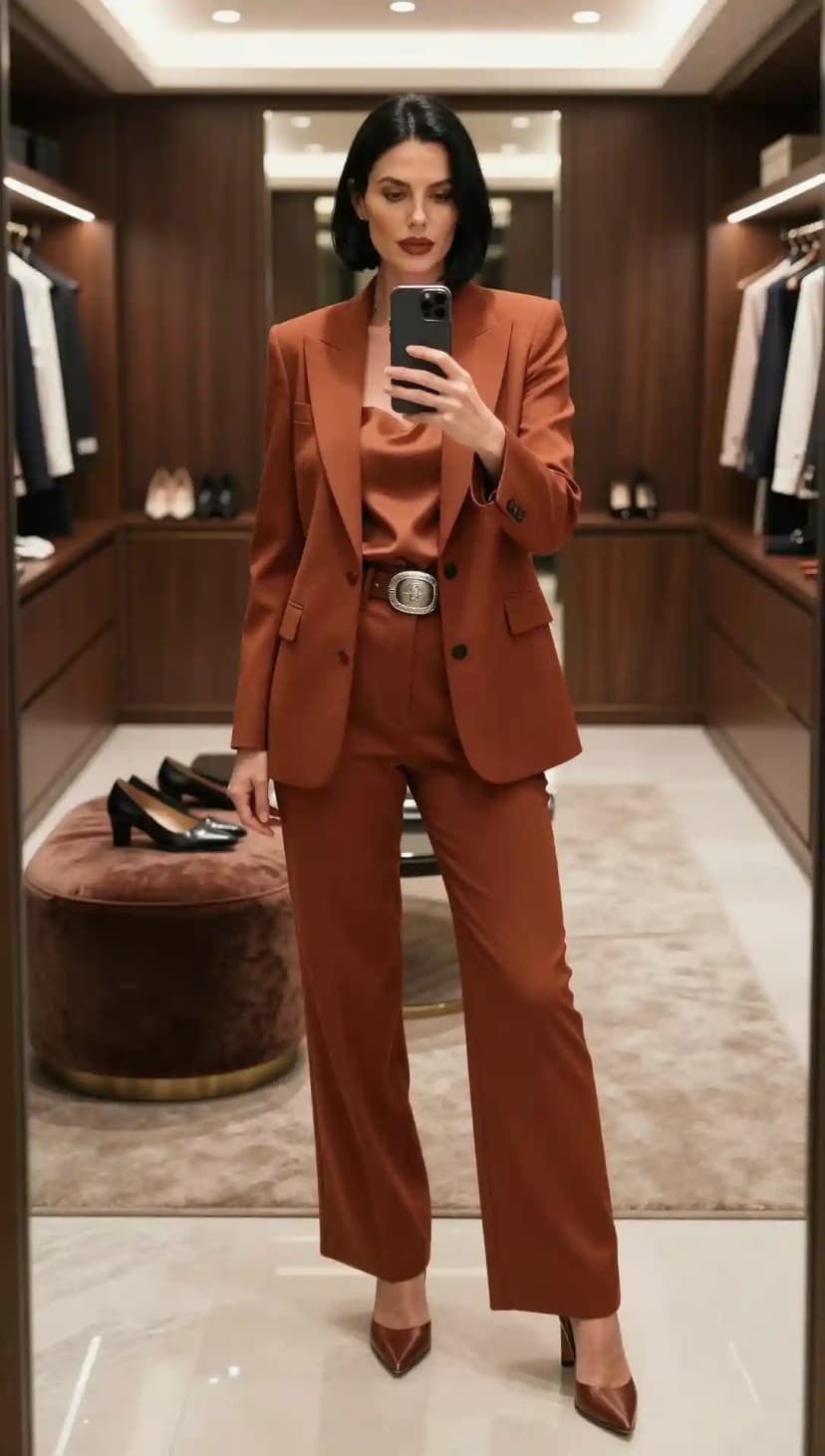 Brown Wool Blazer + Brown Satin Camisole + Brown Wool Trousers + Silver Western Belt