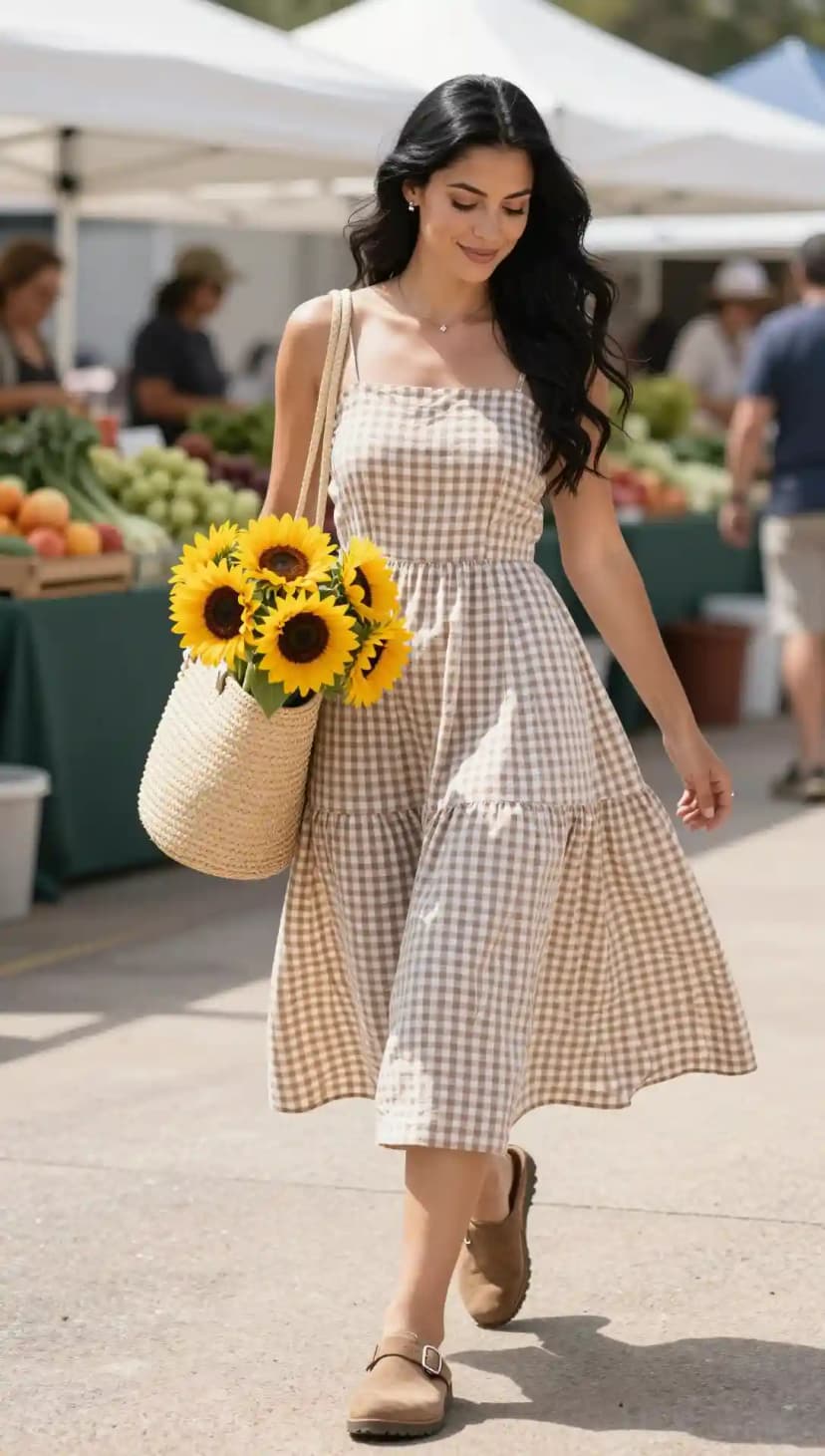 Brown Gingham Cotton Sundress + Taupe Suede Clogs