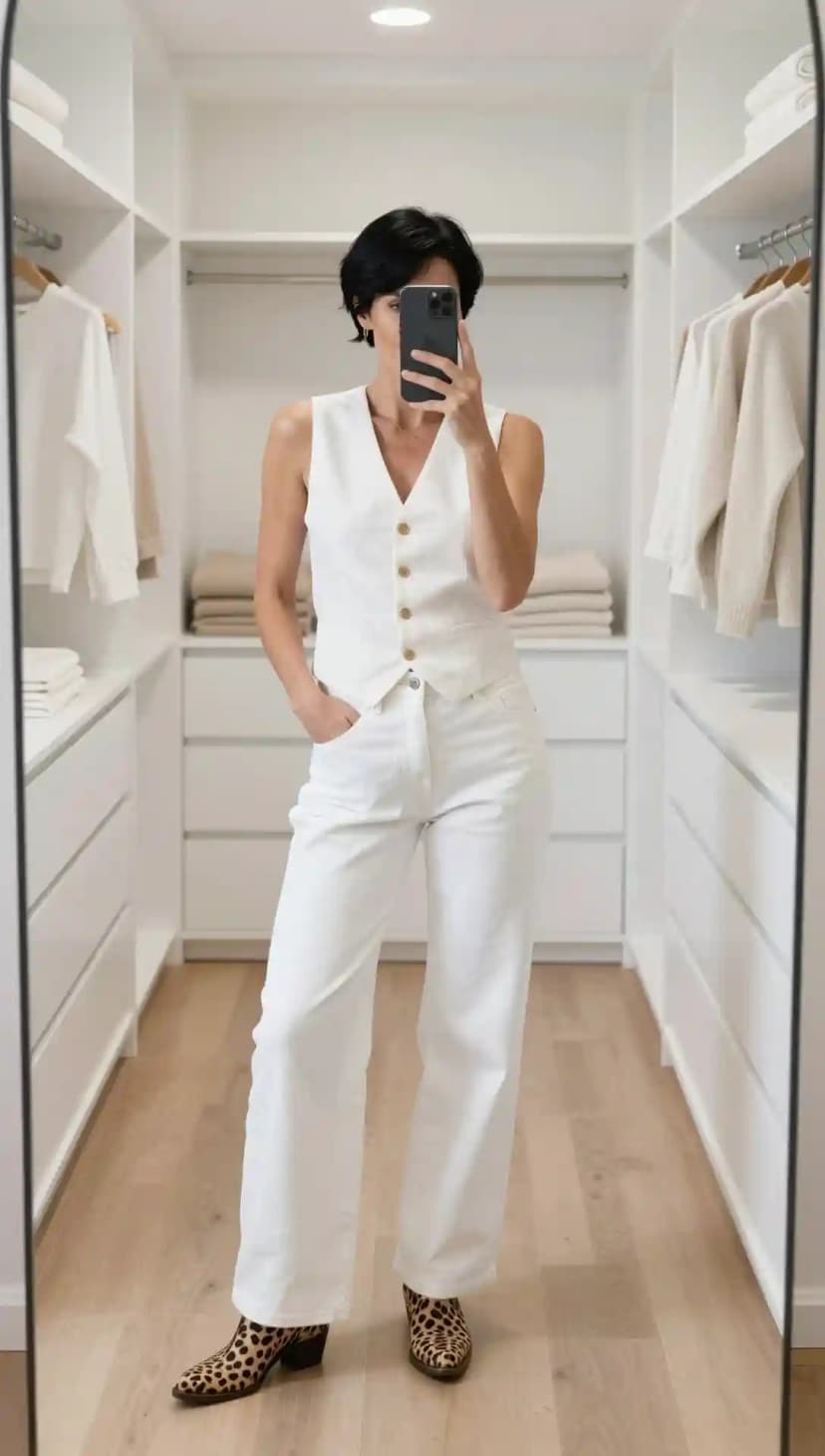 White Linen Vest + White Denim Trousers + Leopard Print Ankle Boots