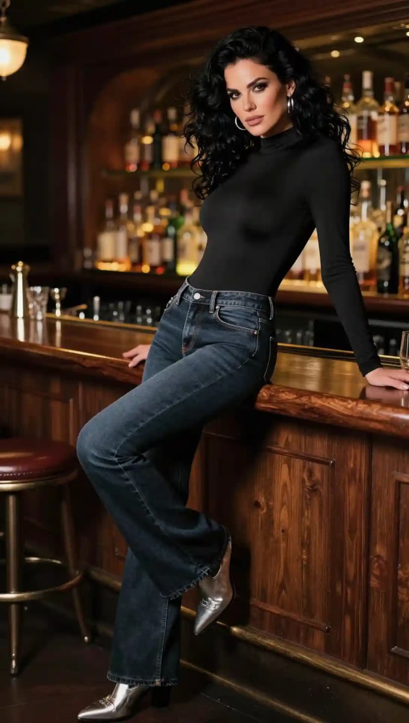 Black Long Sleeve Turtleneck Top + Dark Wash Wide Leg Jeans + Silver Pointed Toe Heels