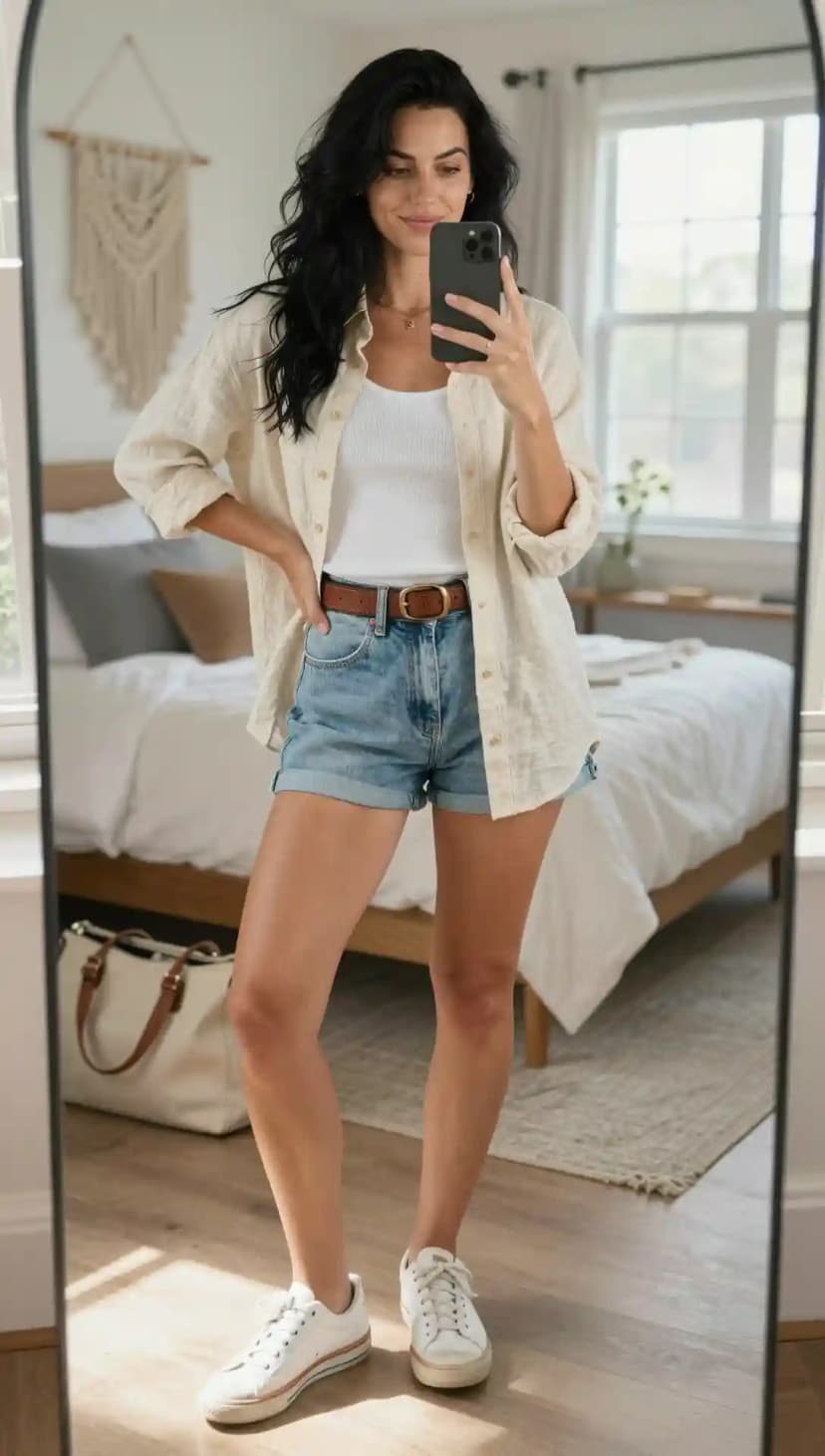 White Ribbed Tank Top + Light Wash Denim Cutoff Shorts + Beige Linen Overshirt