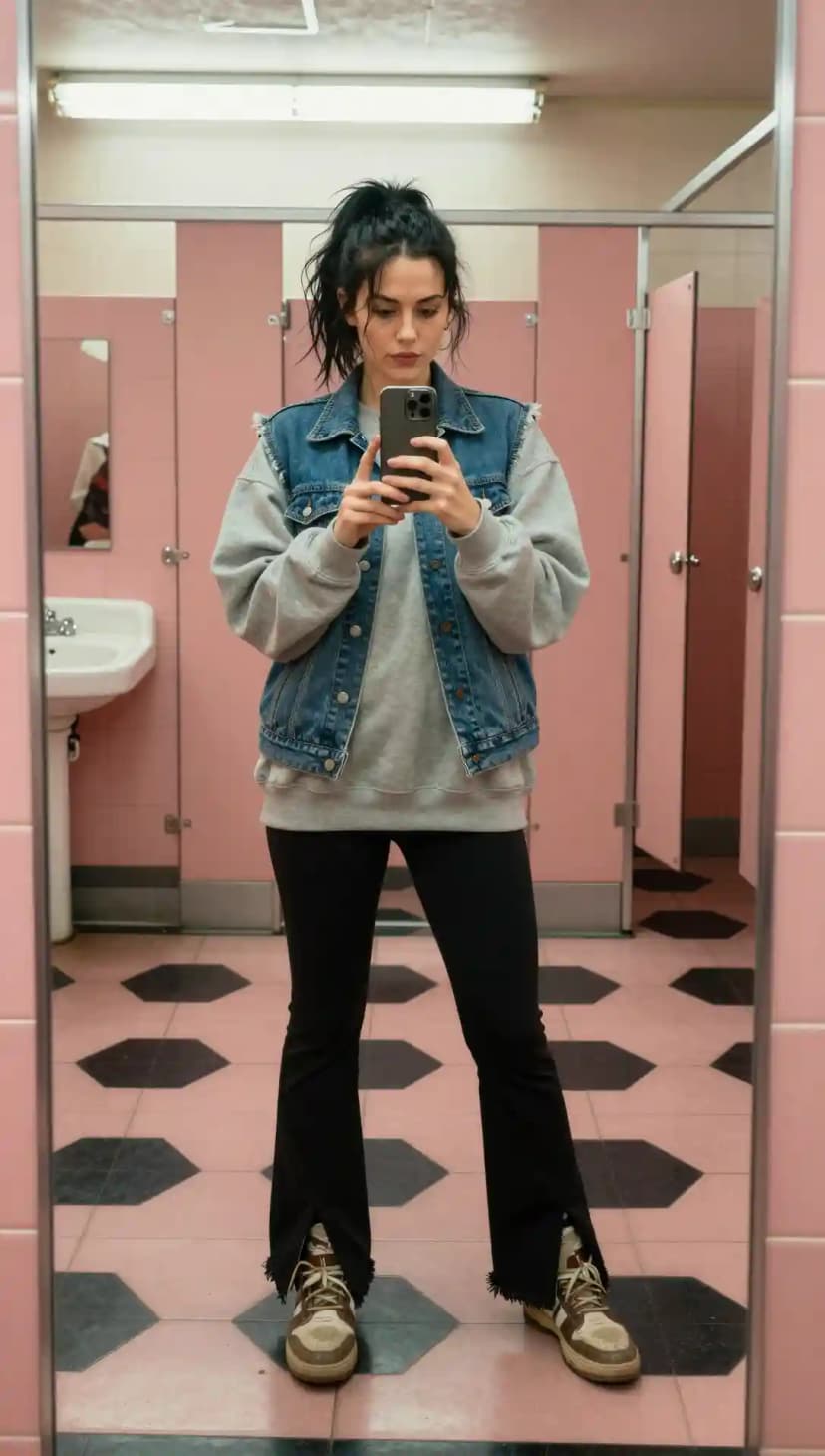 Grey Cotton Sweatshirt + Blue Denim Vest + Black Jersey Flare Trousers