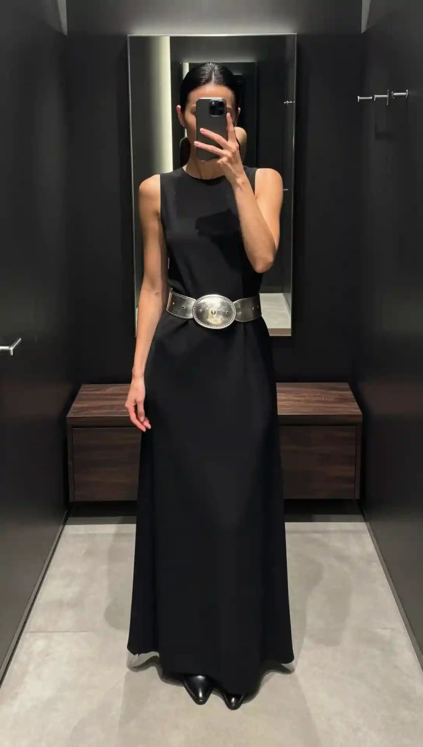 Black Crepe Maxi Dress + Silver Western Belt + Black Leather Pointed-Toe Boots