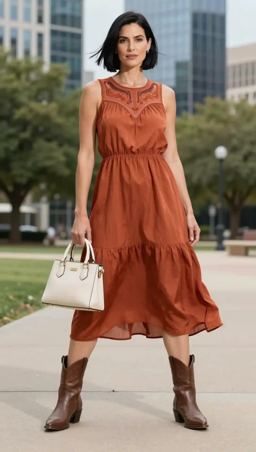 Rust Gauze Tiered Midi Dress + Brown Leather Cowboy Boots