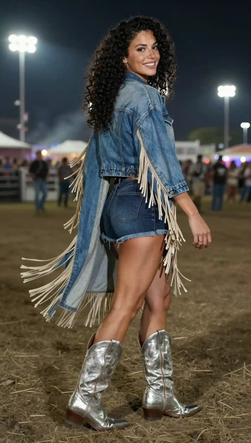 Blue Denim Jacket + Blue Denim Shorts + Silver Leather Boots