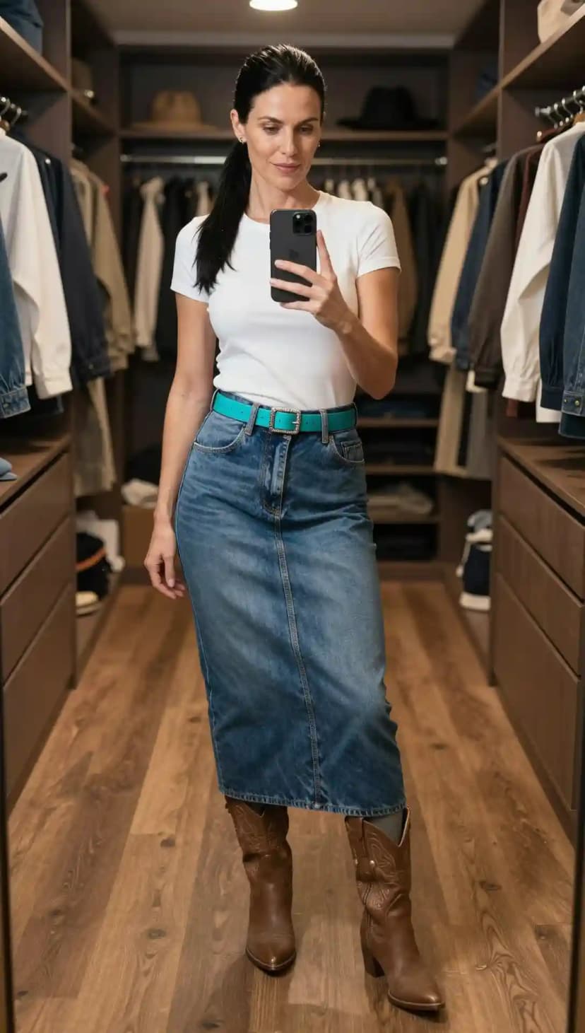 White Cotton T-Shirt + Blue Denim Maxi Skirt + Brown Leather Cowboy Boots