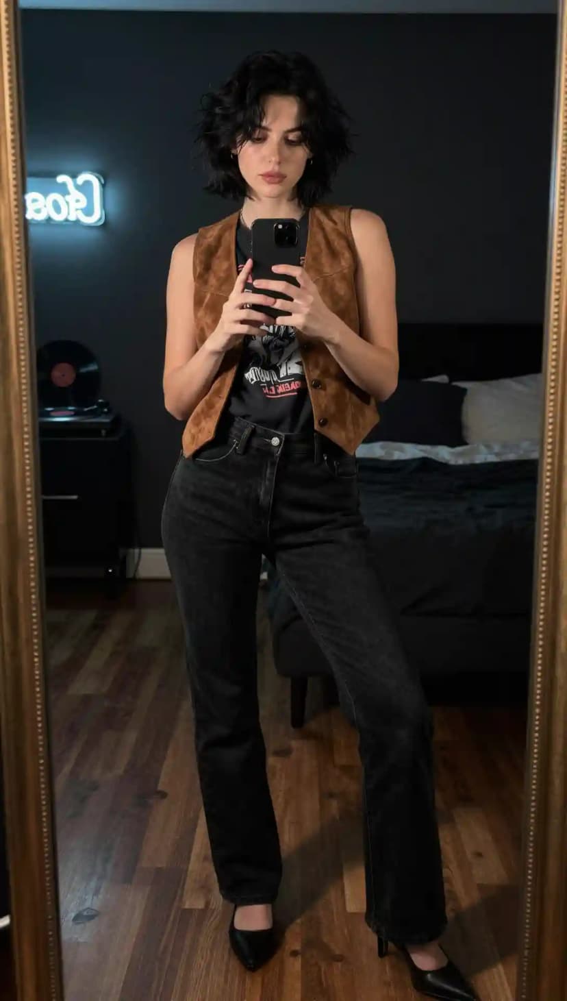 Brown Suede Vest + Black Graphic T-Shirt + Black Denim Jeans