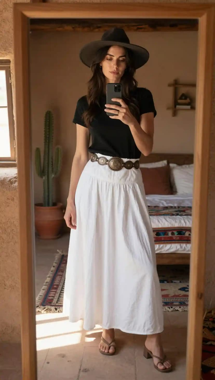 Black Cotton T-Shirt + White Cotton Maxi Skirt + Brown Leather Belt