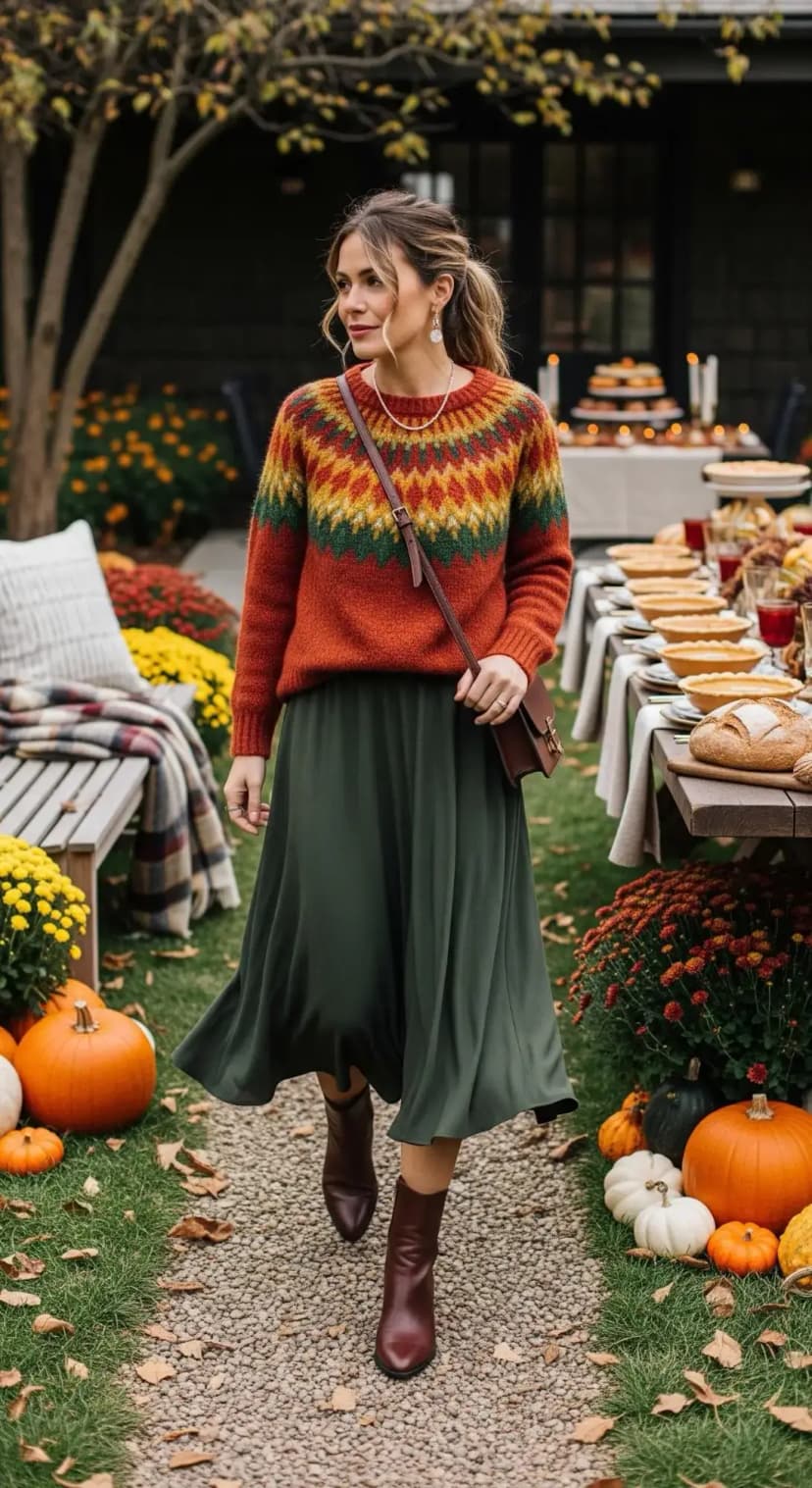 Patterned Sweater + Olive Midi Skirt