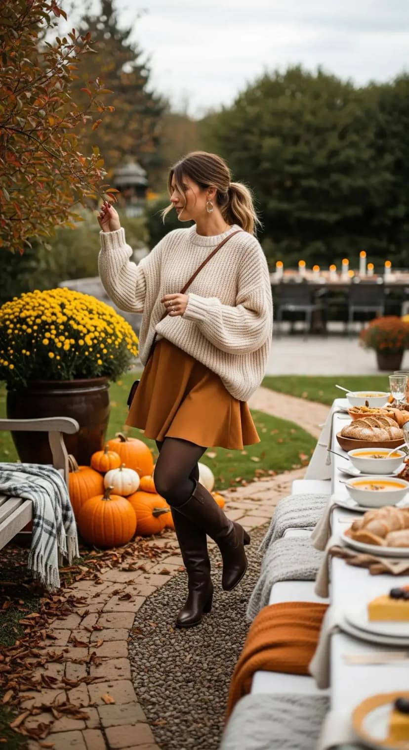 Cream Sweater + Camel Skirt + Brown Boots