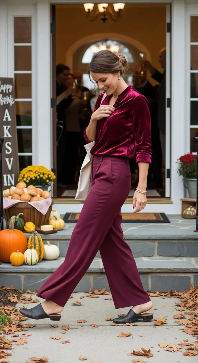 Burgundy Velvet Blouse + Wide-Leg Trousers