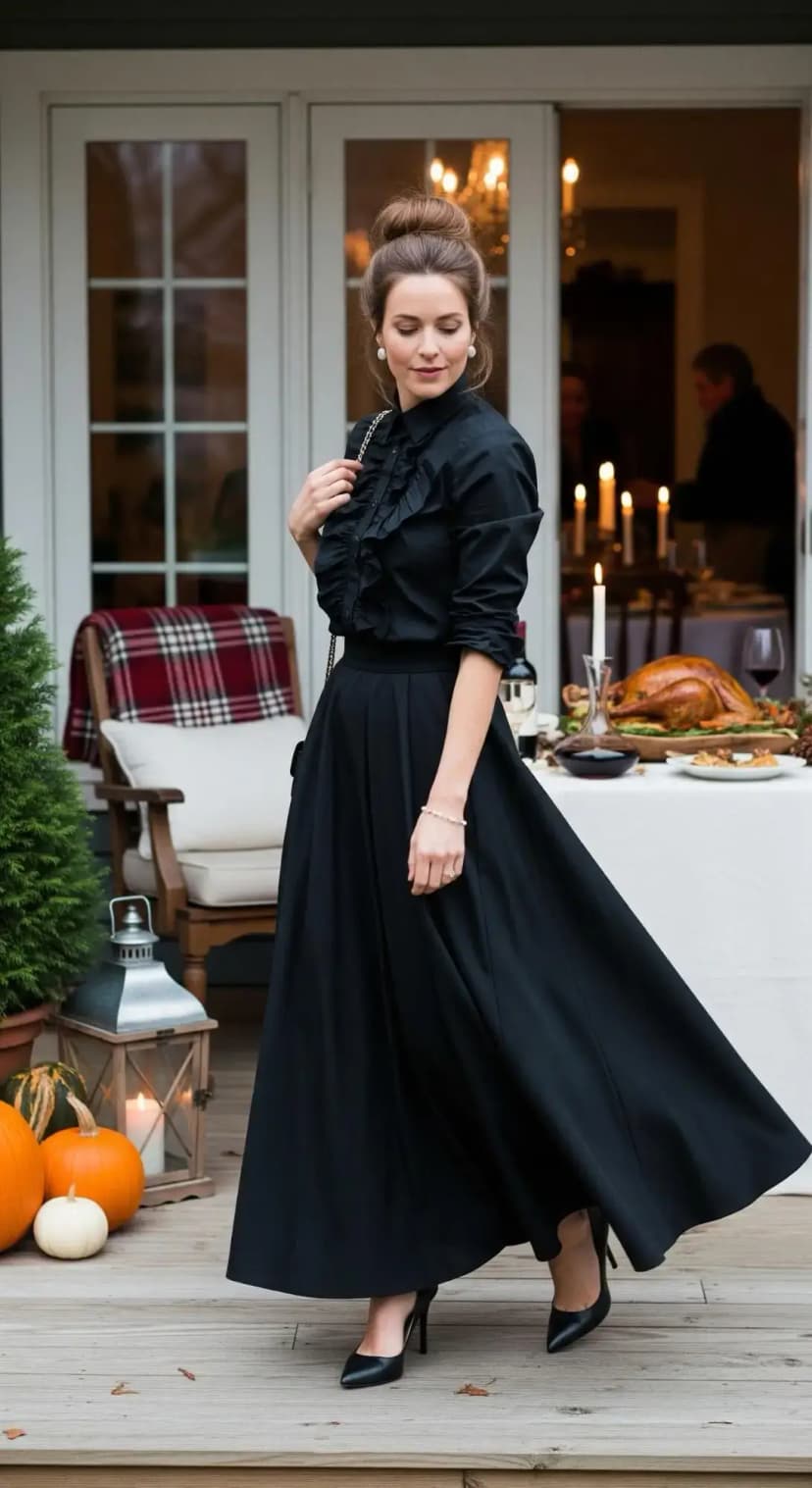 Black Ruffle Blouse + Black Maxi Skirt