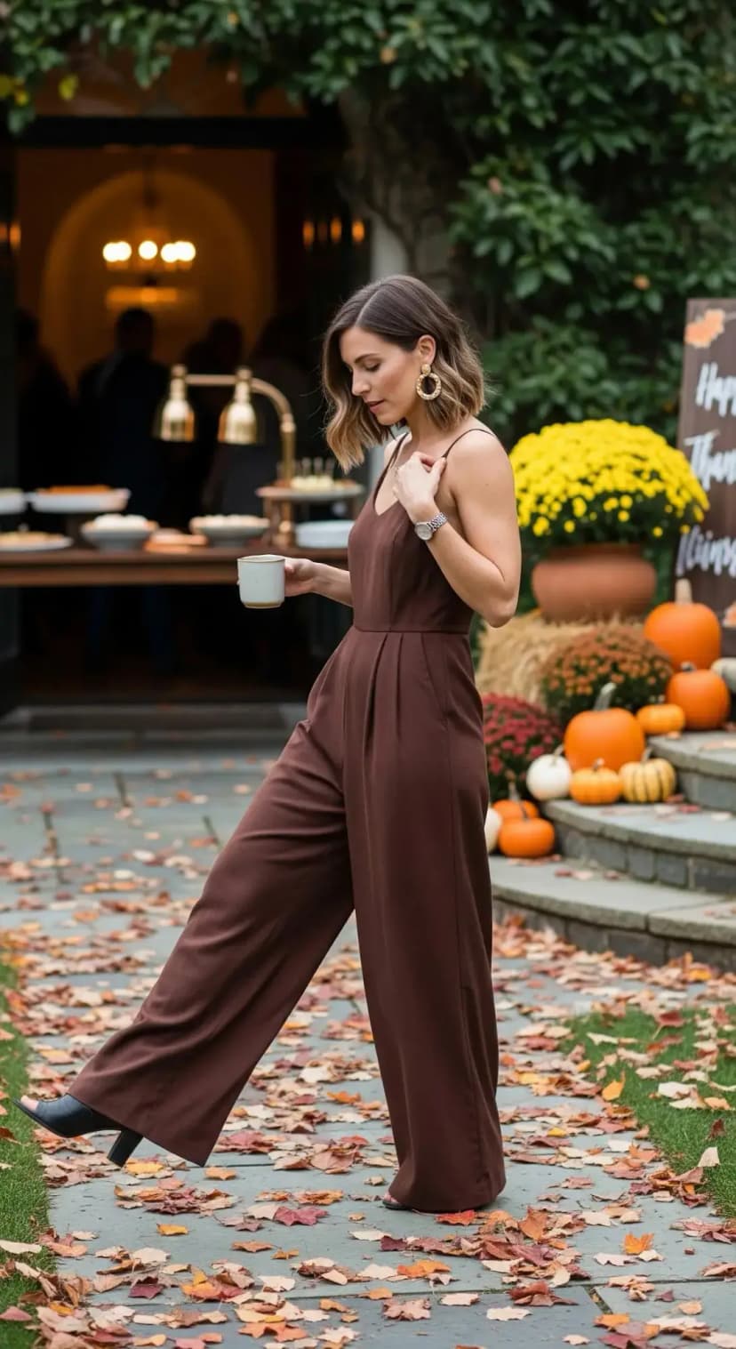 Brown Jumpsuit + Gold Hoops