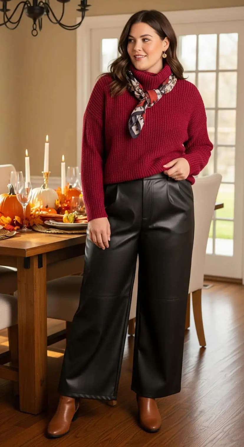 Red Ribbed Sweater + Black Faux Leather Wide-Leg Pants + Brown Boots + Patterned Scarf