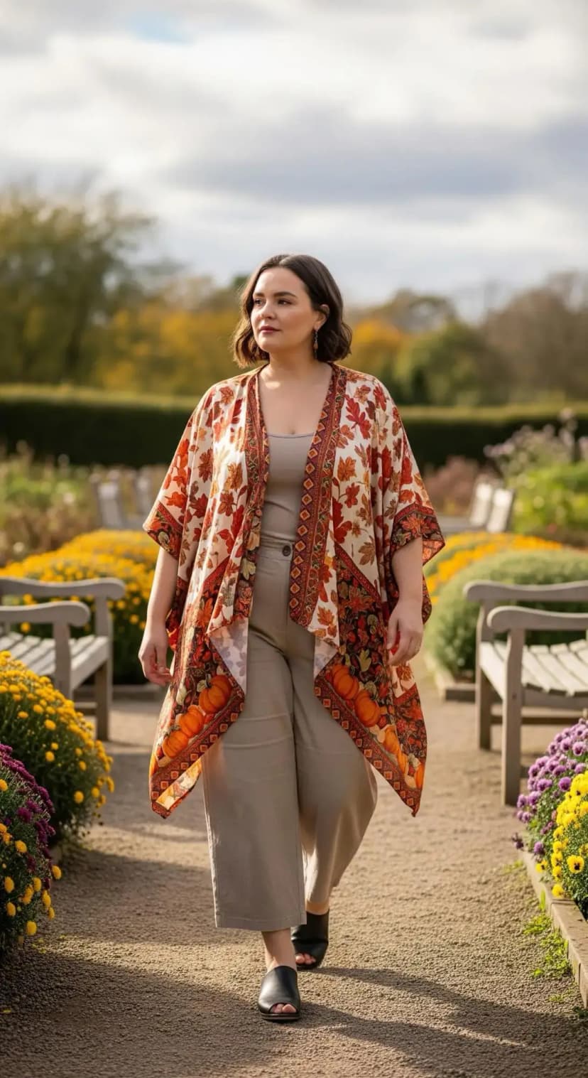 Pumpkin Print Kimono + Beige Tank Top + Wide Leg Pants + Black Slides