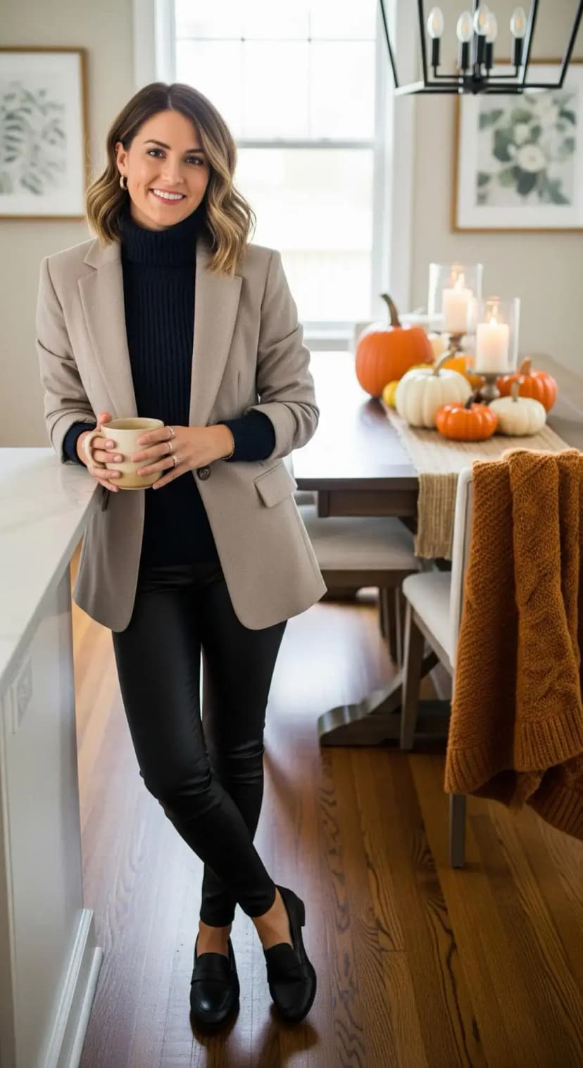 Turtleneck with Faux Leather Leggings and Blazer
