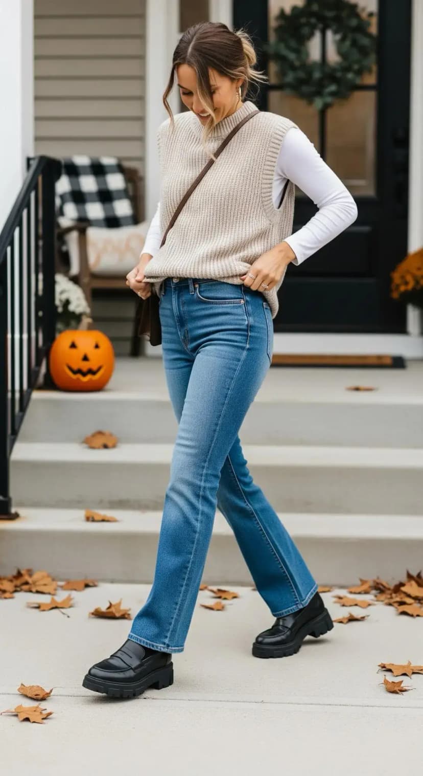 Sweater Vest over Long-Sleeve Tee with Barrel Jeans