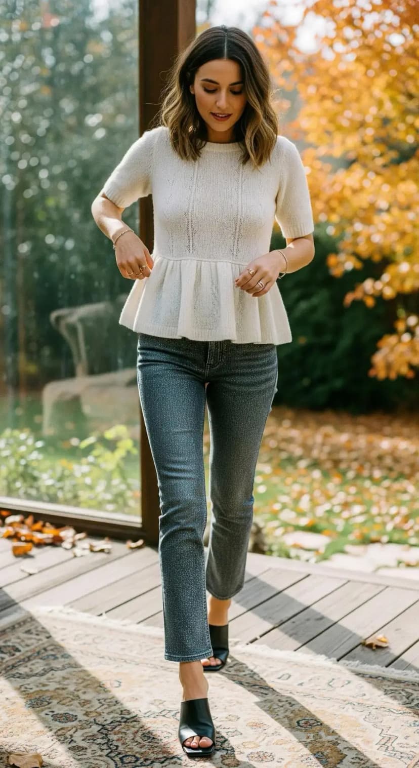 Babydoll Top with Low-Rise Jeans and Square-Toe Shoes