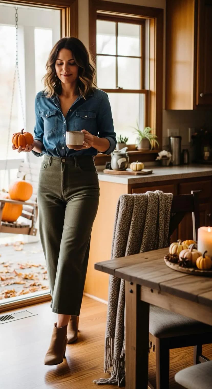 Denim Blouse, Wide-Leg Pants, and Suede Boots