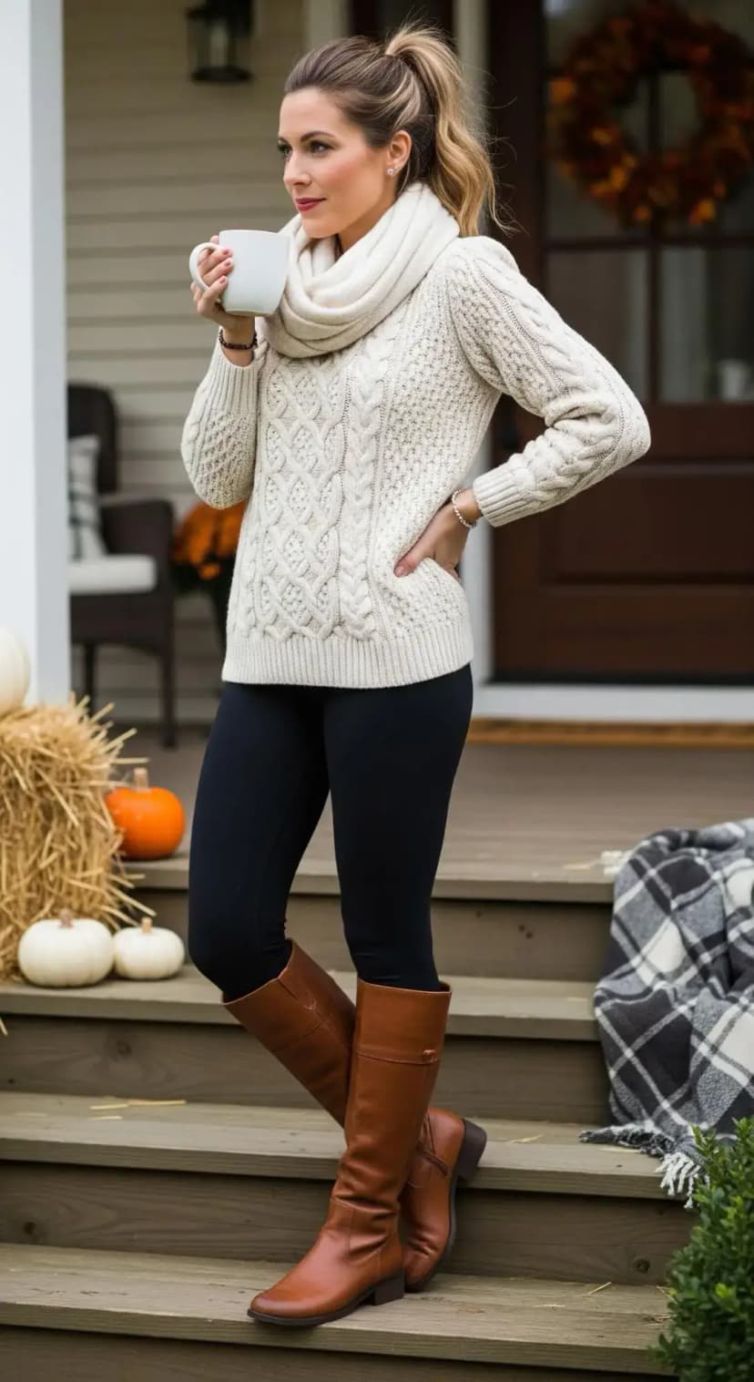 Cable Knit Sweater, Leggings, and Knee-High Boots