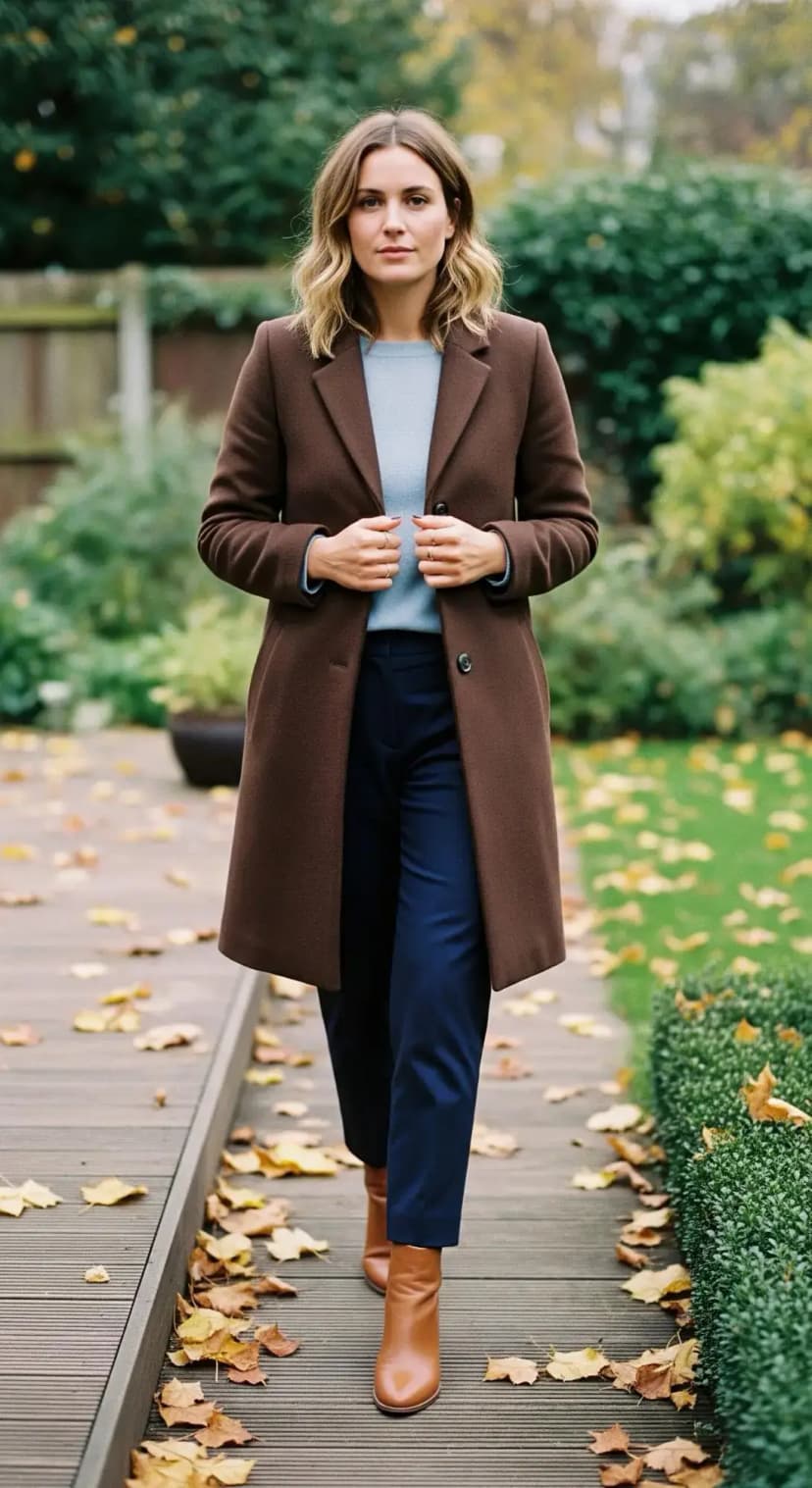 Chocolate Brown Coat over Light Top and Trousers