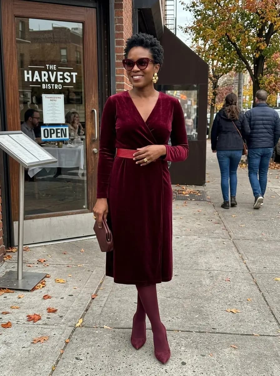 Burgundy velvet wrap midi dress with burgundy tights and pointed pumps