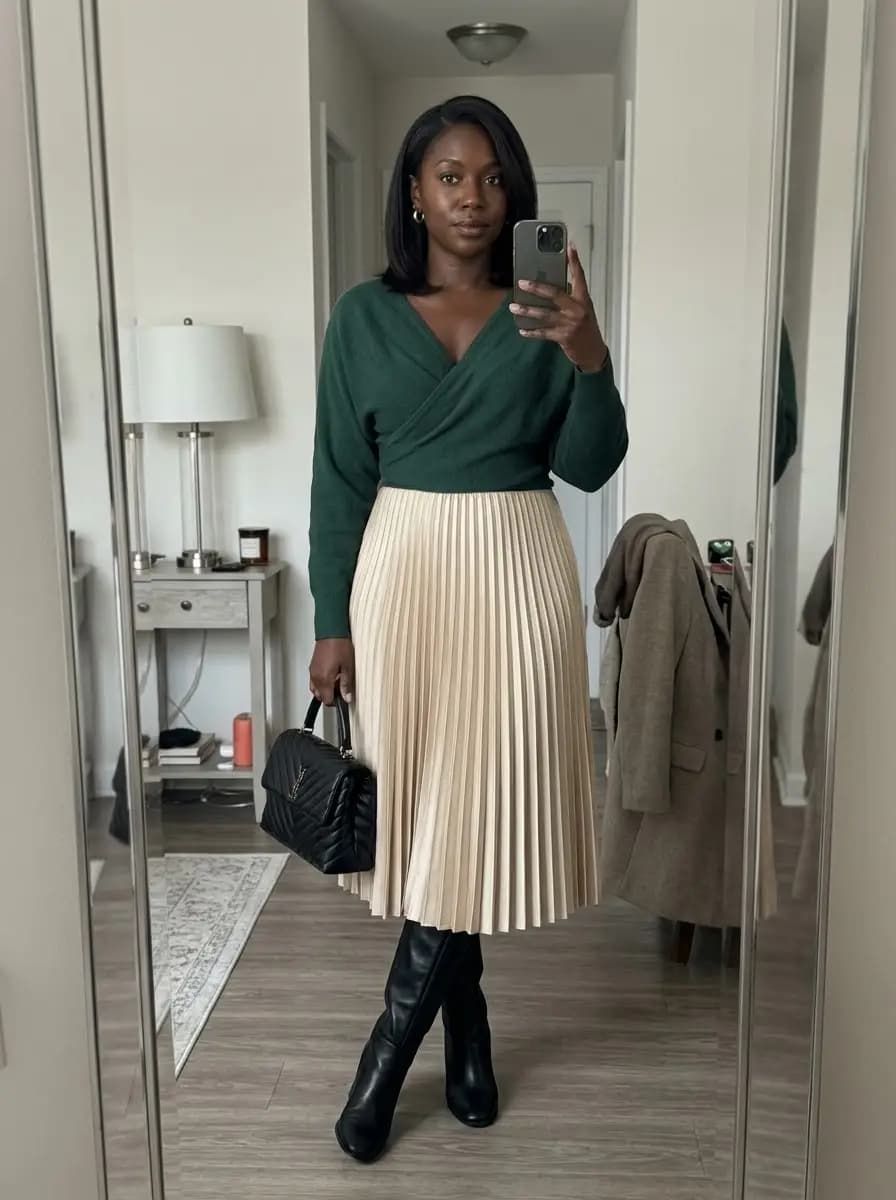 Dark green wrap sweater with champagne pleated midi skirt and black boots