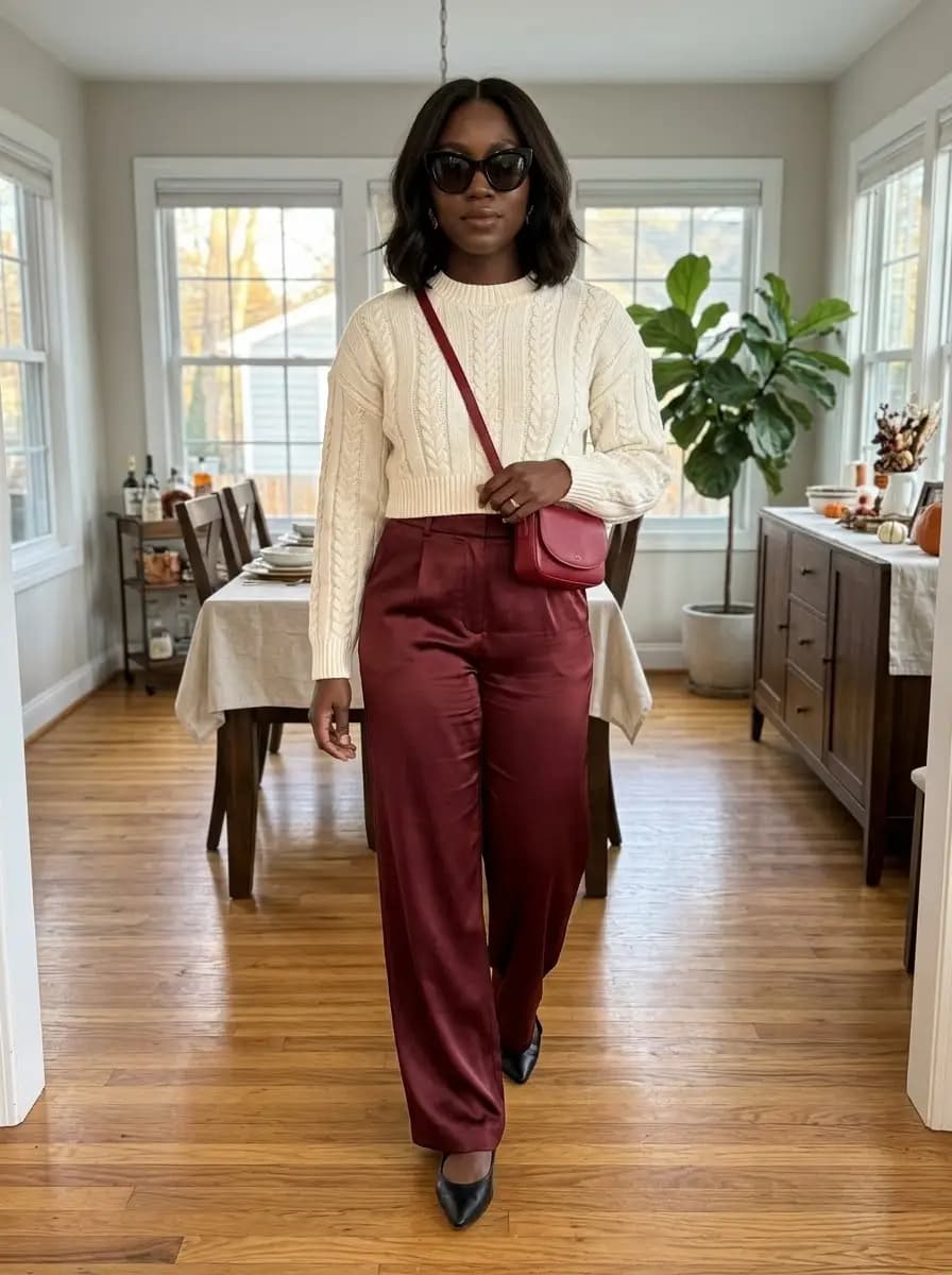 Cream cable-knit sweater with burgundy satin wide-leg pants