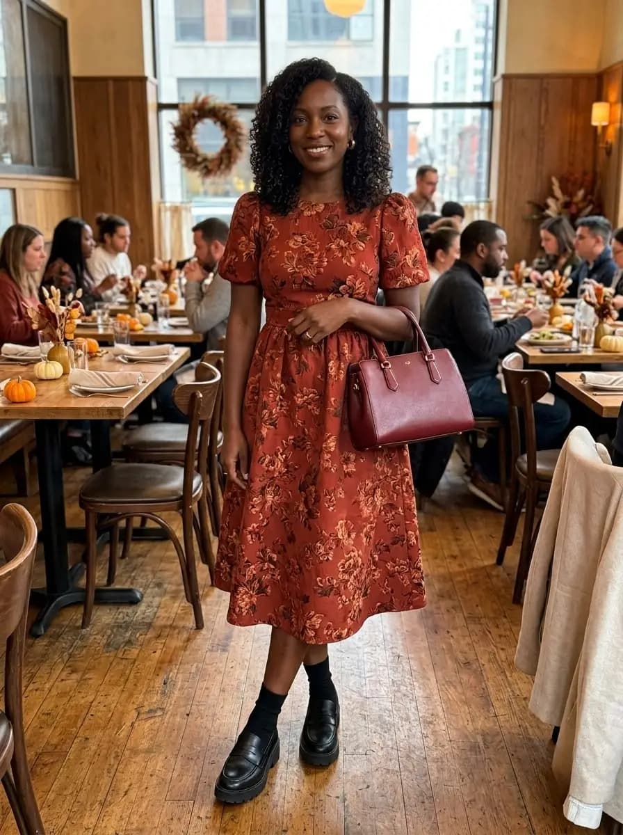 Rust floral print puff-sleeve midi dress with chunky loafers