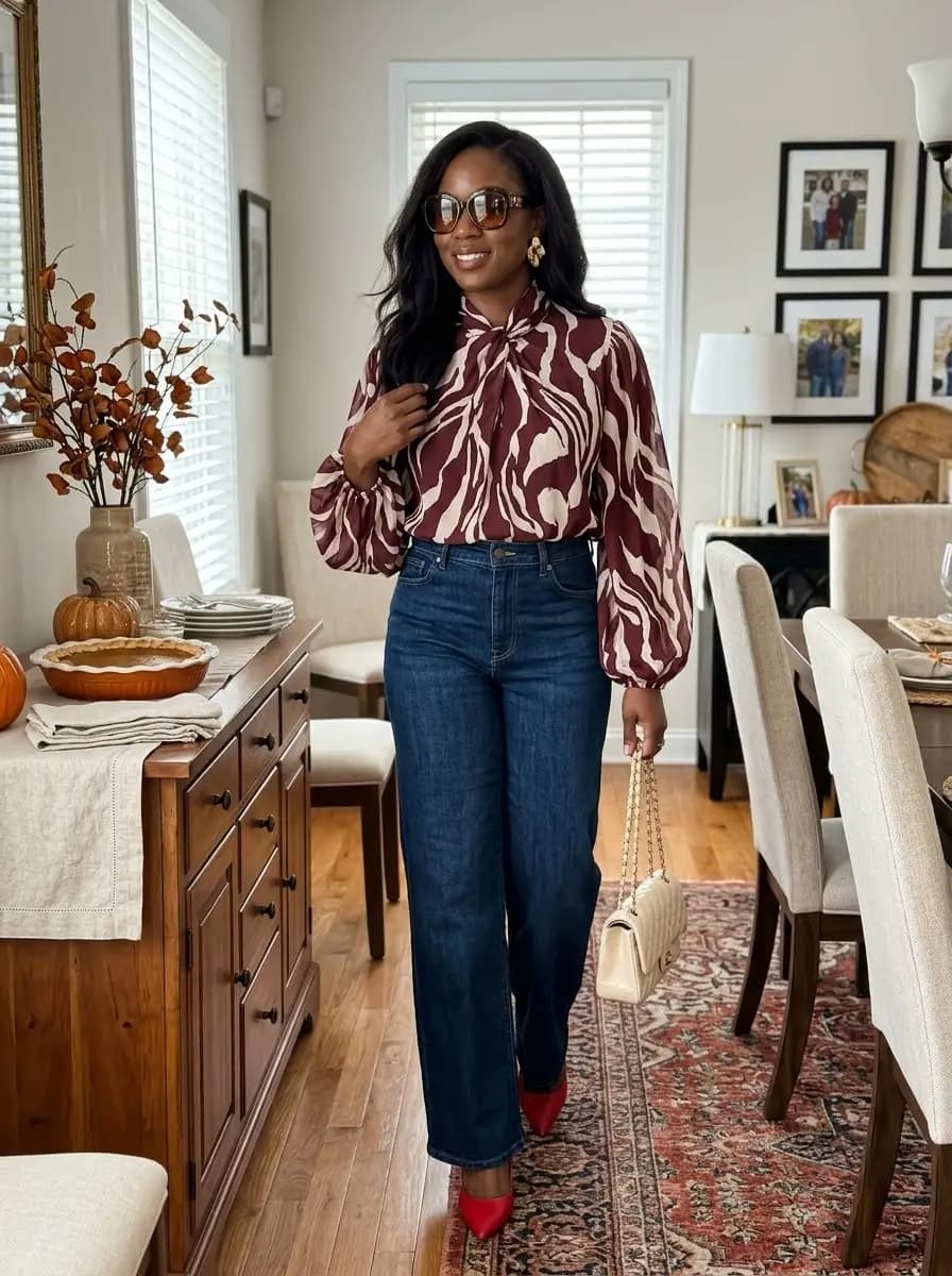 Burgundy and cream abstract print balloon sleeve blouse with dark wash wide-leg jeans