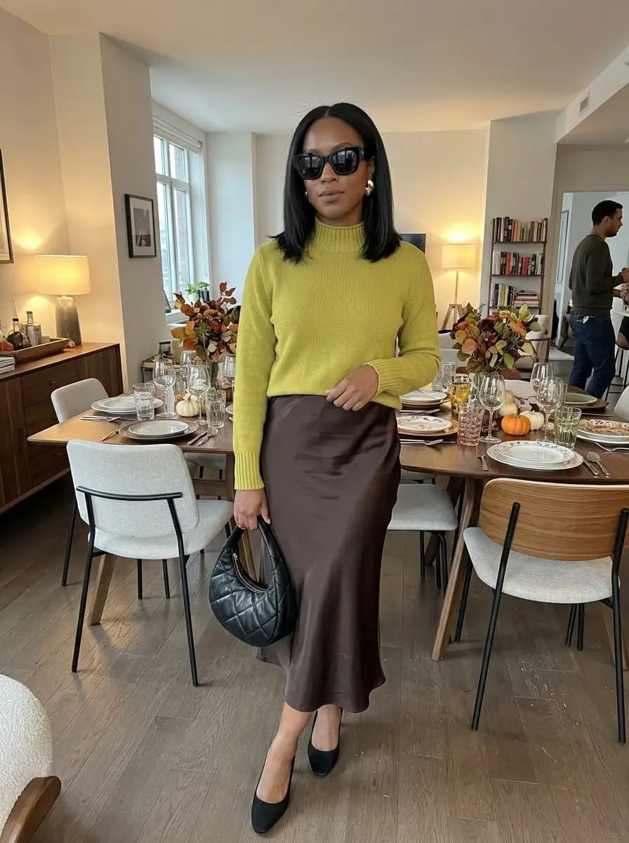 Chartreuse ribbed knit sweater with chocolate satin midi skirt