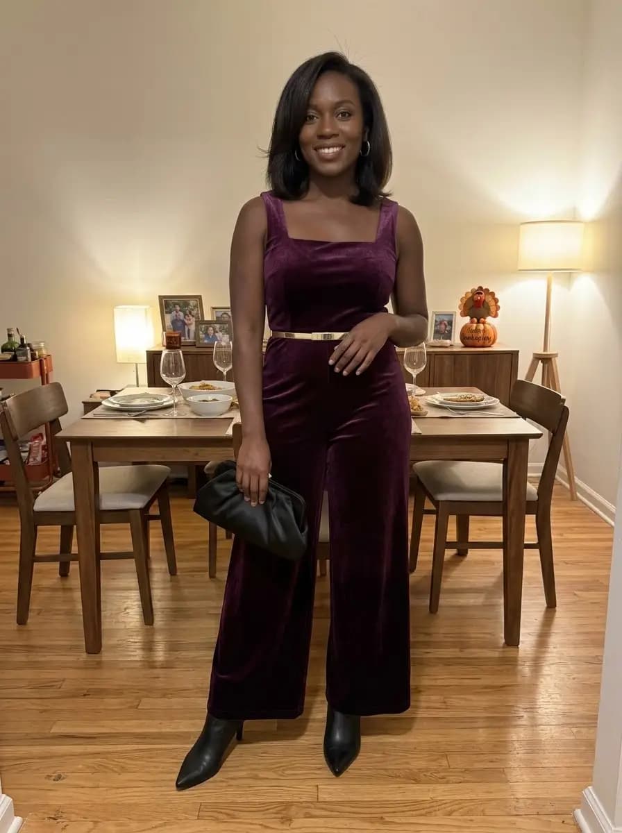 Dark purple velvet jumpsuit with metallic belt and black ankle boots