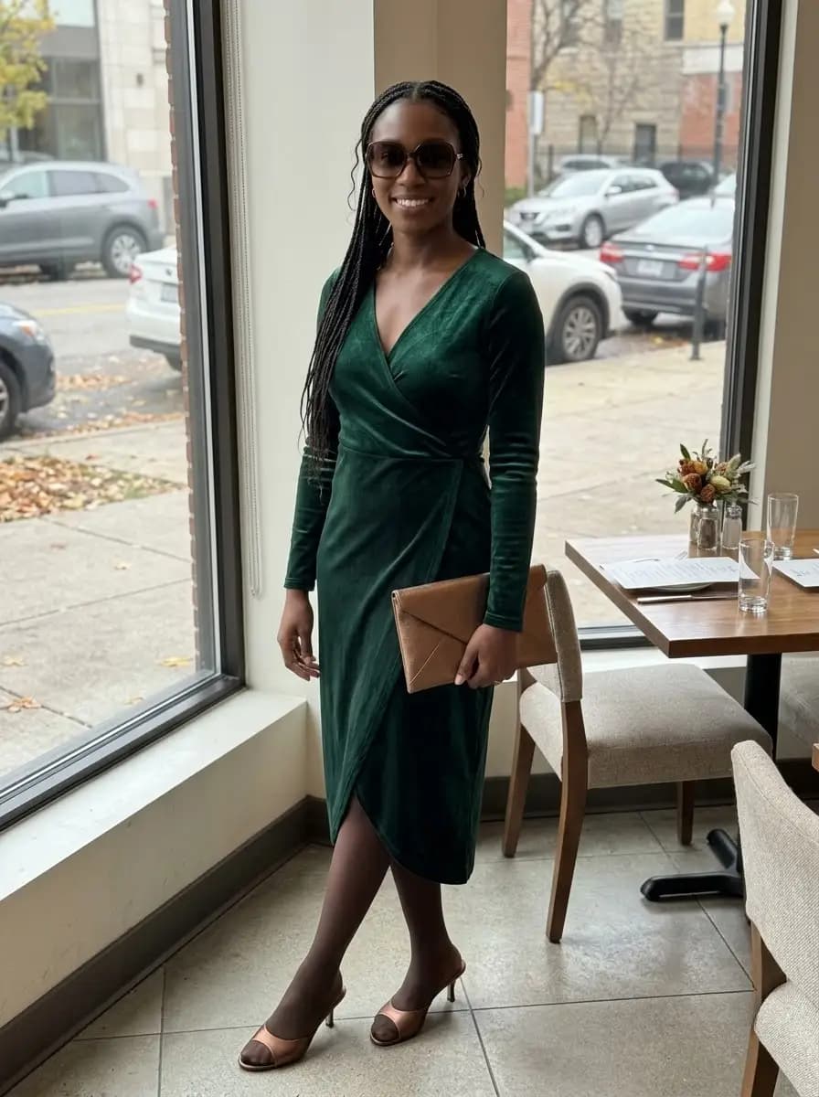 Dark green velvet wrap midi dress with tan envelope clutch and brown heels