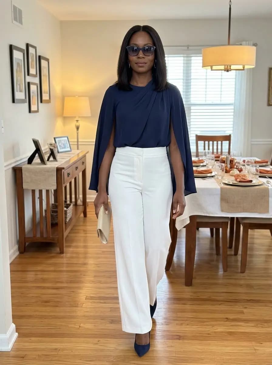 Navy cape-sleeve blouse with white wide-leg trousers