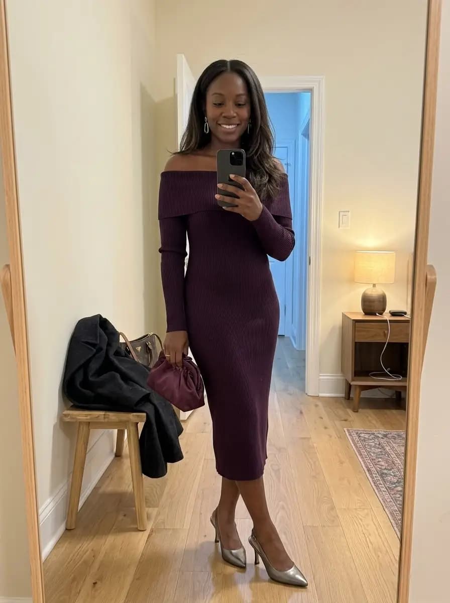 Dark purple off-the-shoulder ribbed knit midi dress with silver pumps