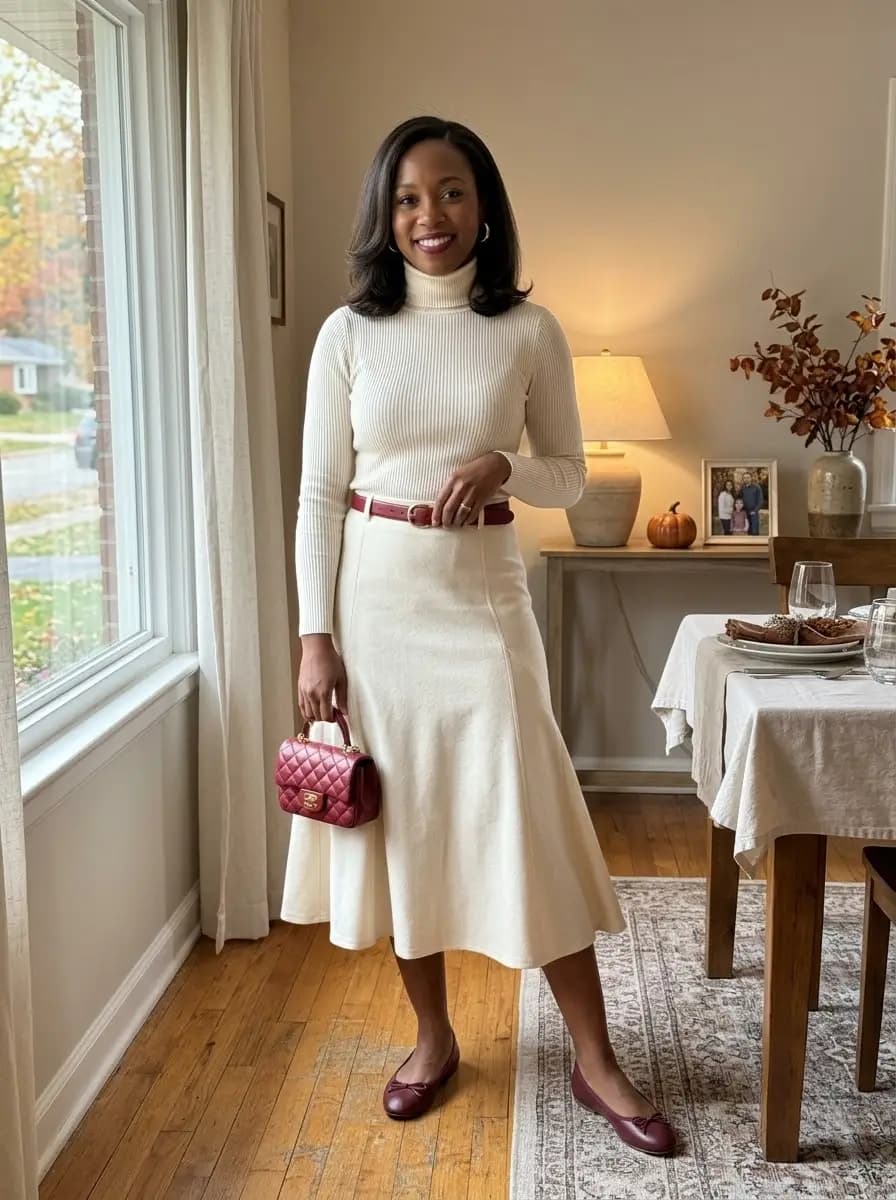 Cream ribbed knit turtleneck sweater with ivory A-line midi skirt