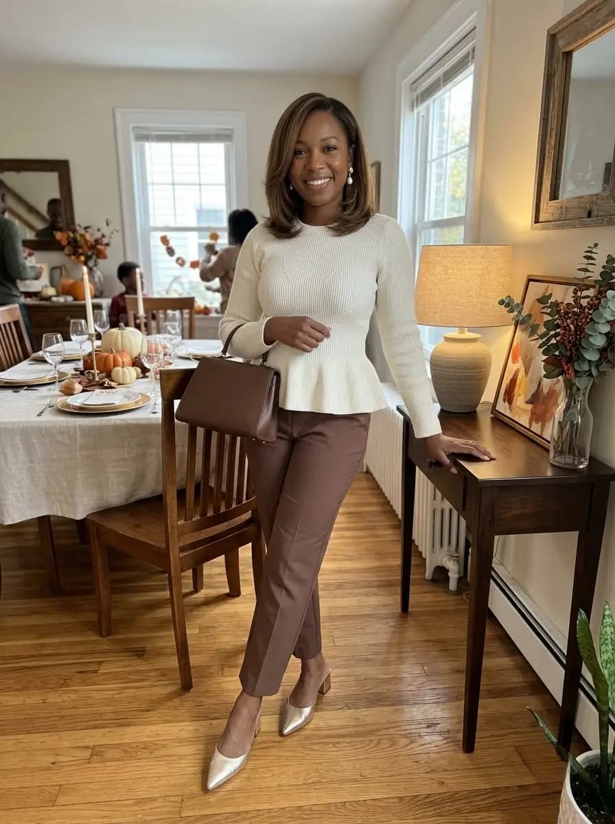 Cream ribbed knit peplum sweater with brown trousers and metallic pumps