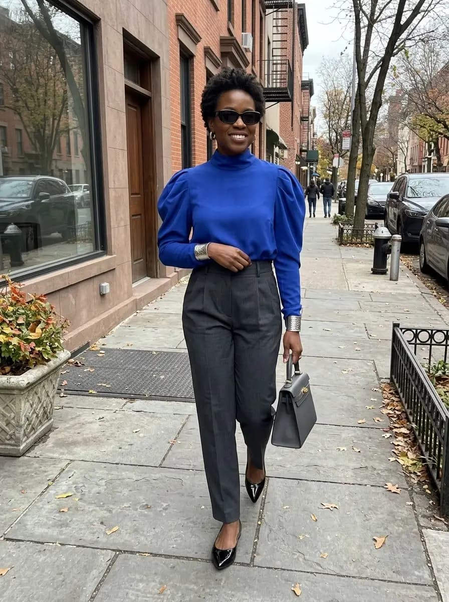 Royal blue puff-sleeve blouse with charcoal grey trousers
