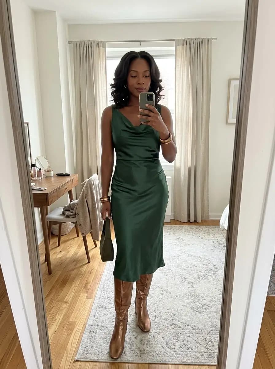 Dark green satin cowl-neck midi dress with tall caramel boots