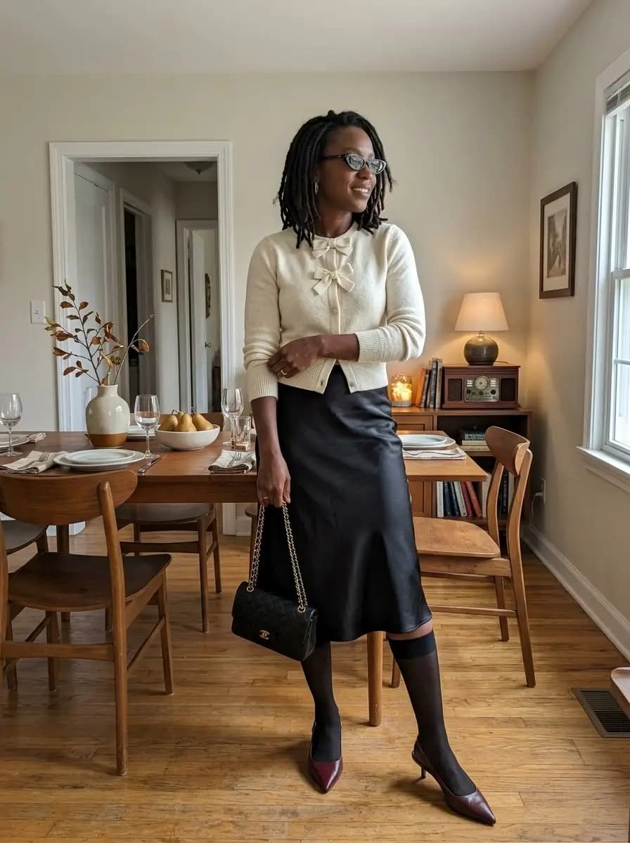 Cream bow-neck cardigan with black satin midi skirt and burgundy slingbacks
